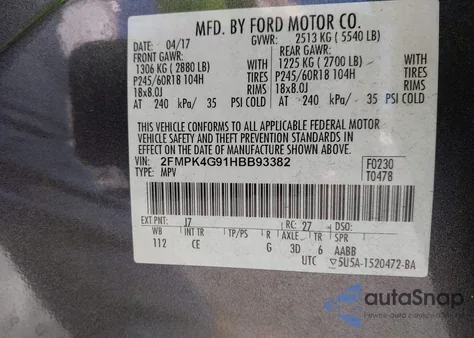 2017 Ford Edge Se z USA, uszkodzony, nr VIN 2FMPK4G91HBB93382